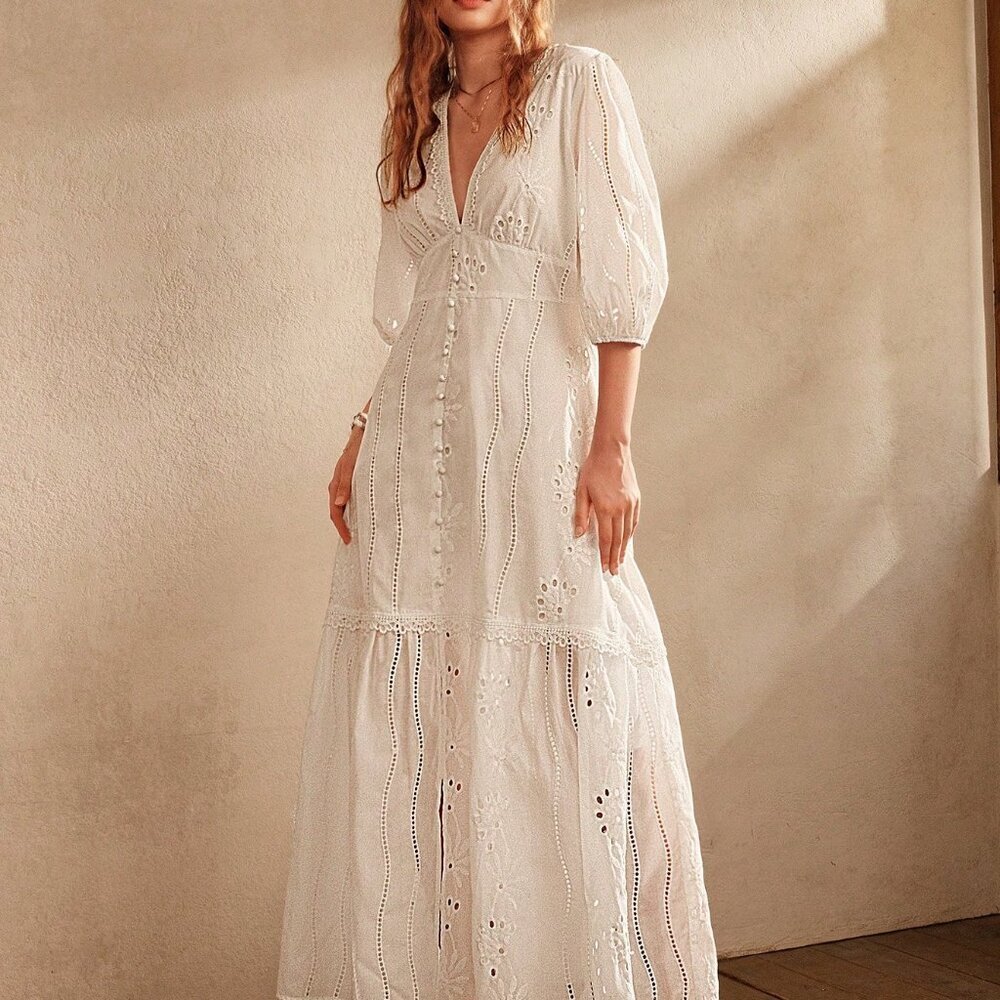 White Elegant Women's V-Neck Slit Lace Floor-Length Maxi Dress - Picture 5 of 10